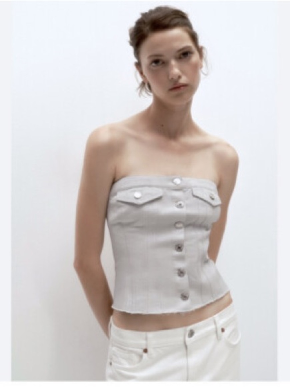 NWT! Zara denim silver shimmery button up corset top L